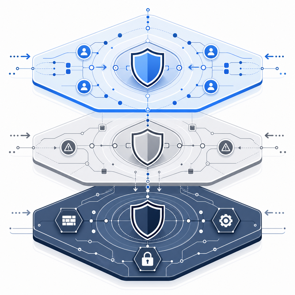 abstract layered defense diagram with behavior, challenge, and enforcement tiers