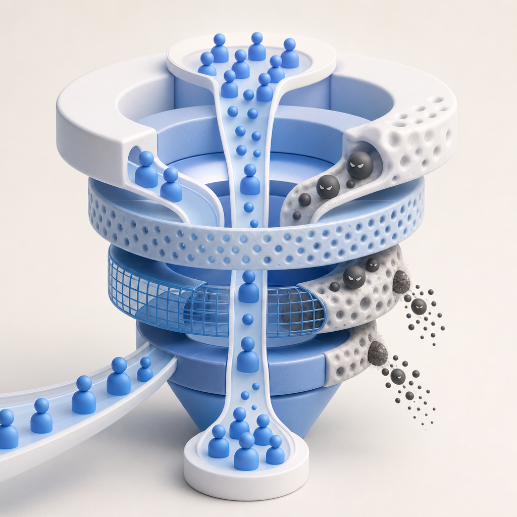 layered defense funnel showing normal users, suspicious automation, and blocked 