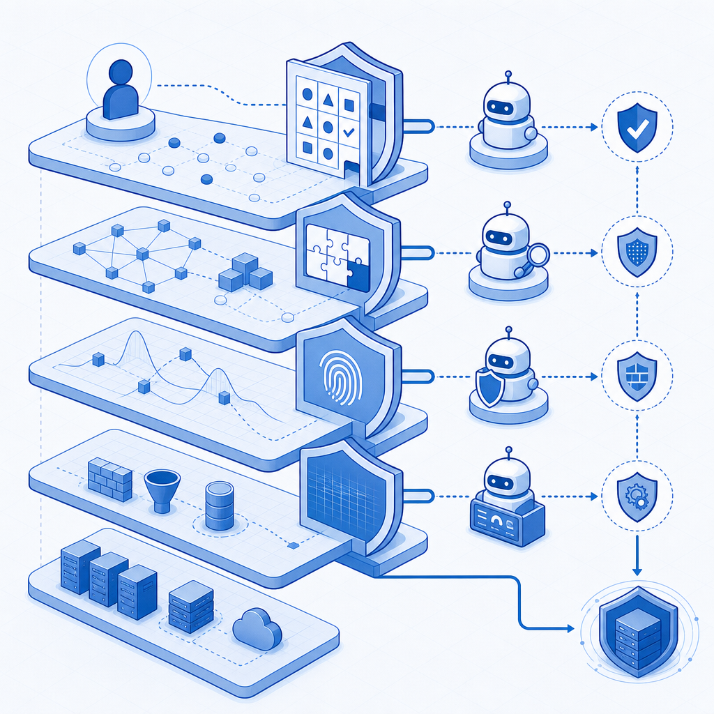 layered security model showing CAPTCHA and anti ban bot collaboration