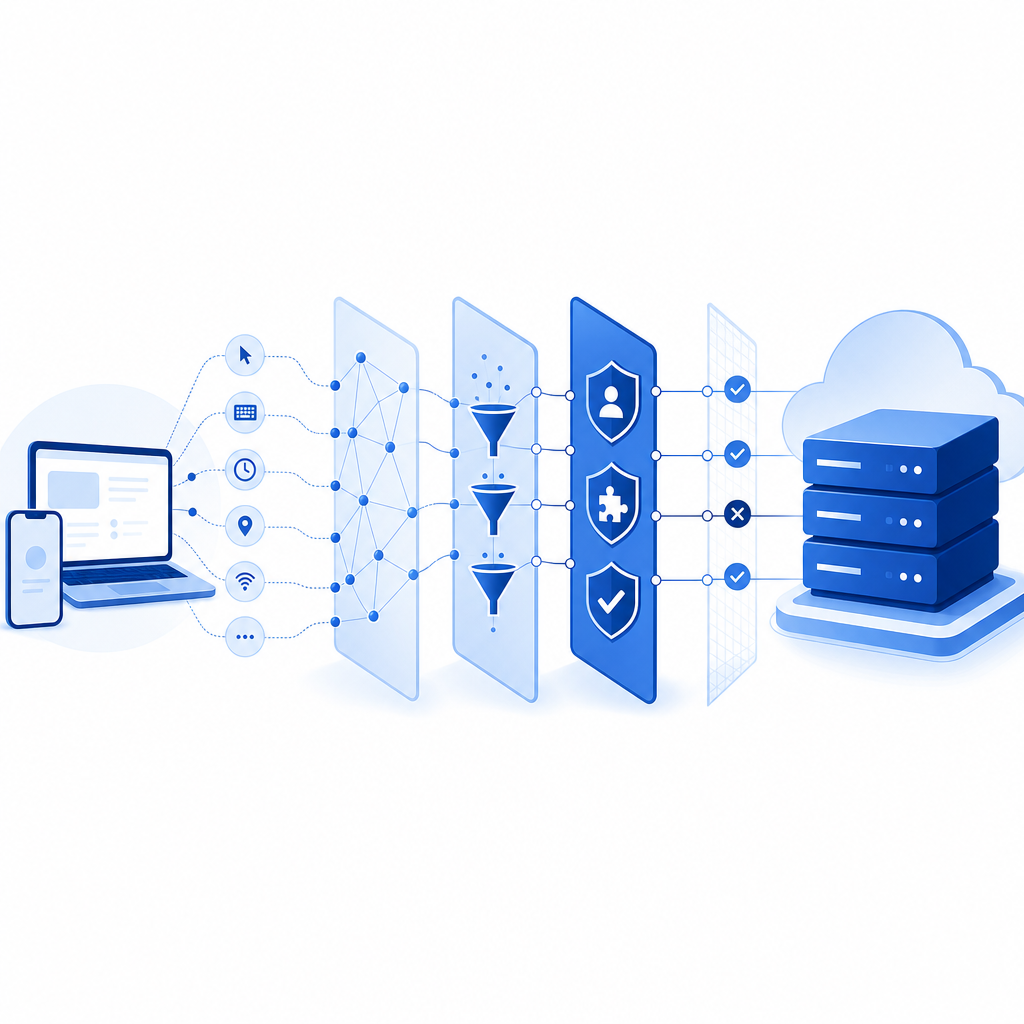 diagram representing bot detection layers with server, client, and validation st