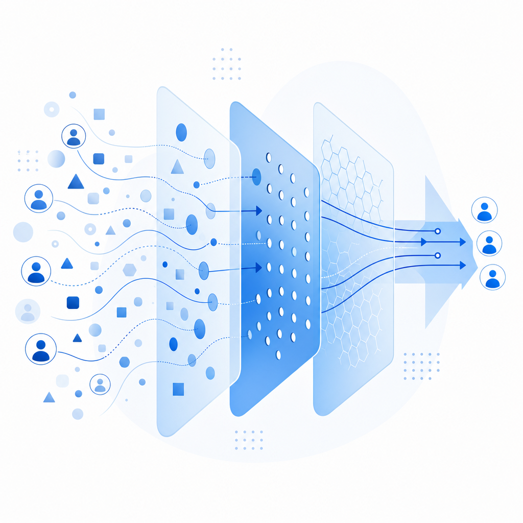 abstract illustration indicating user experience flow and bot filtering layers