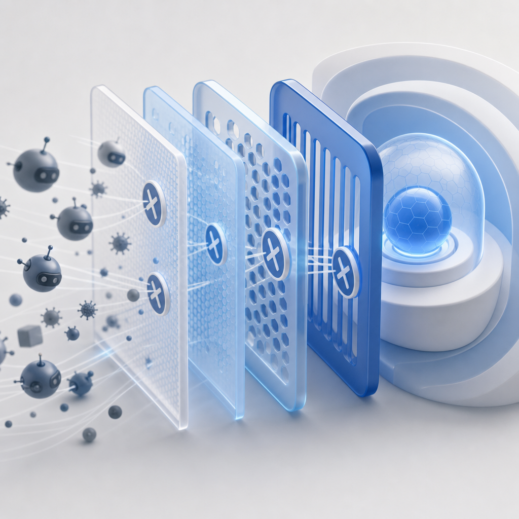 layered defense illustration visualizing anti bot measures combined with URL fil