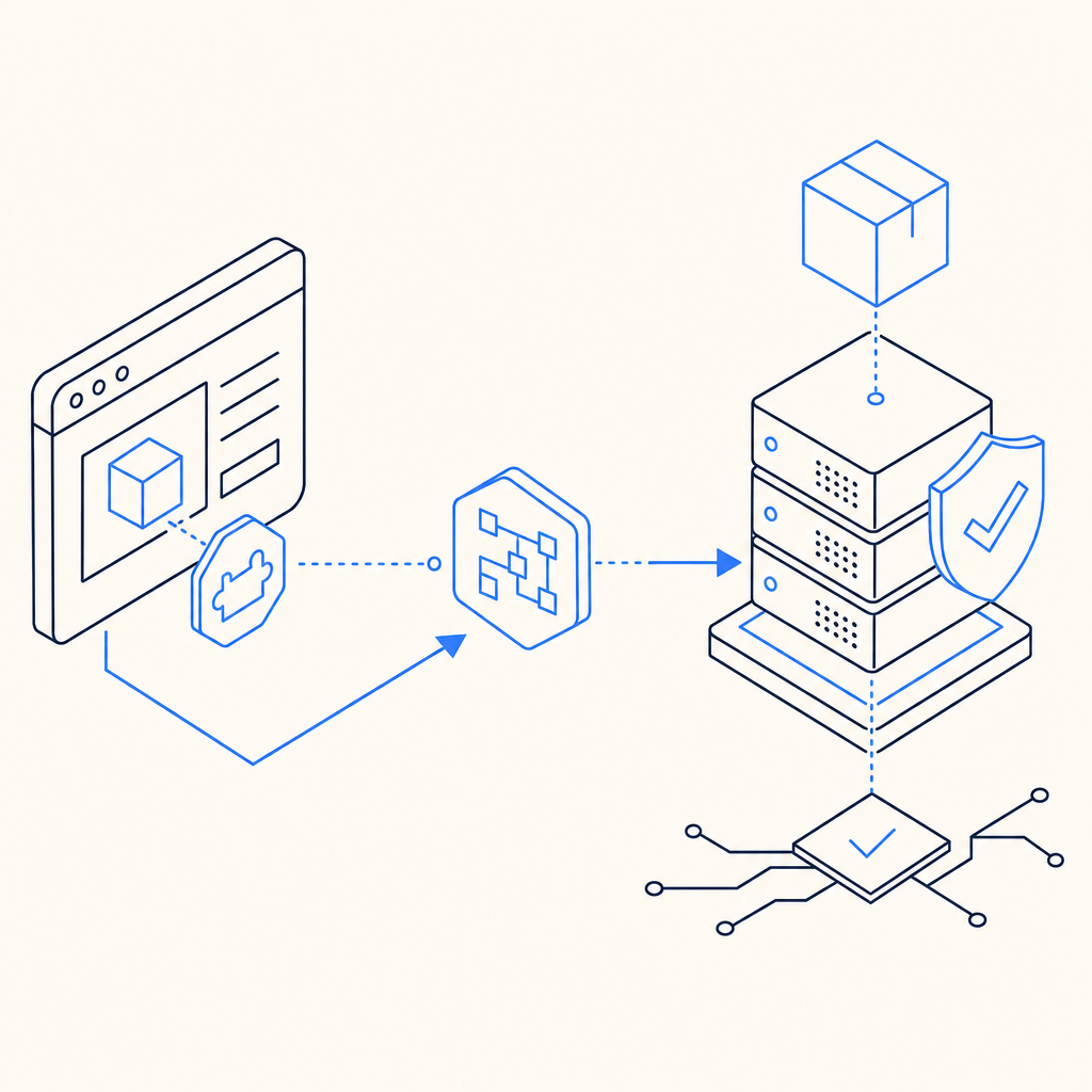abstract flow showing browser challenge, token, and server validation pipeline