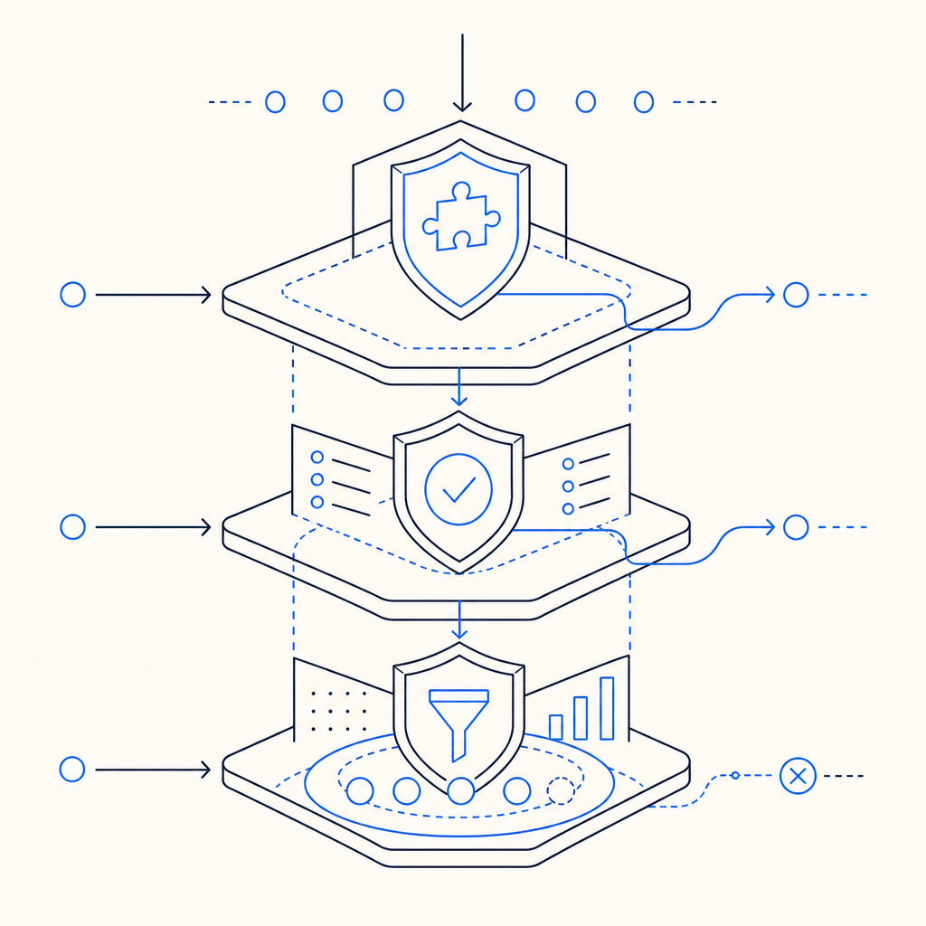 abstract layered defense diagram showing challenge, validation, and rate limit l