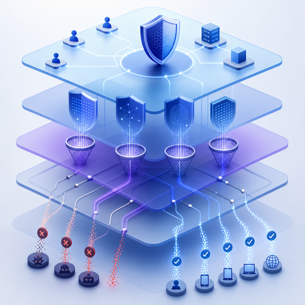 layered security model showing bot detection components and traffic filtration