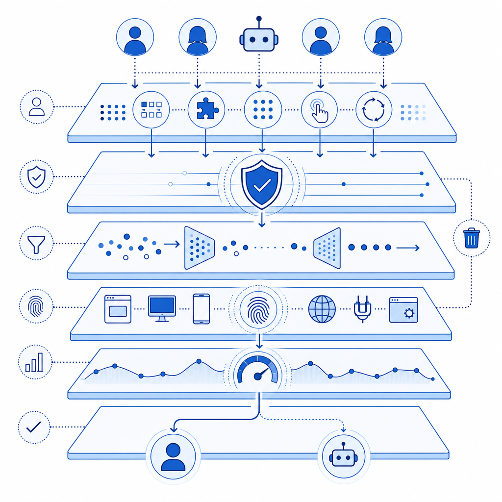 diagram of bot detection layers including captcha challenges and server verifica