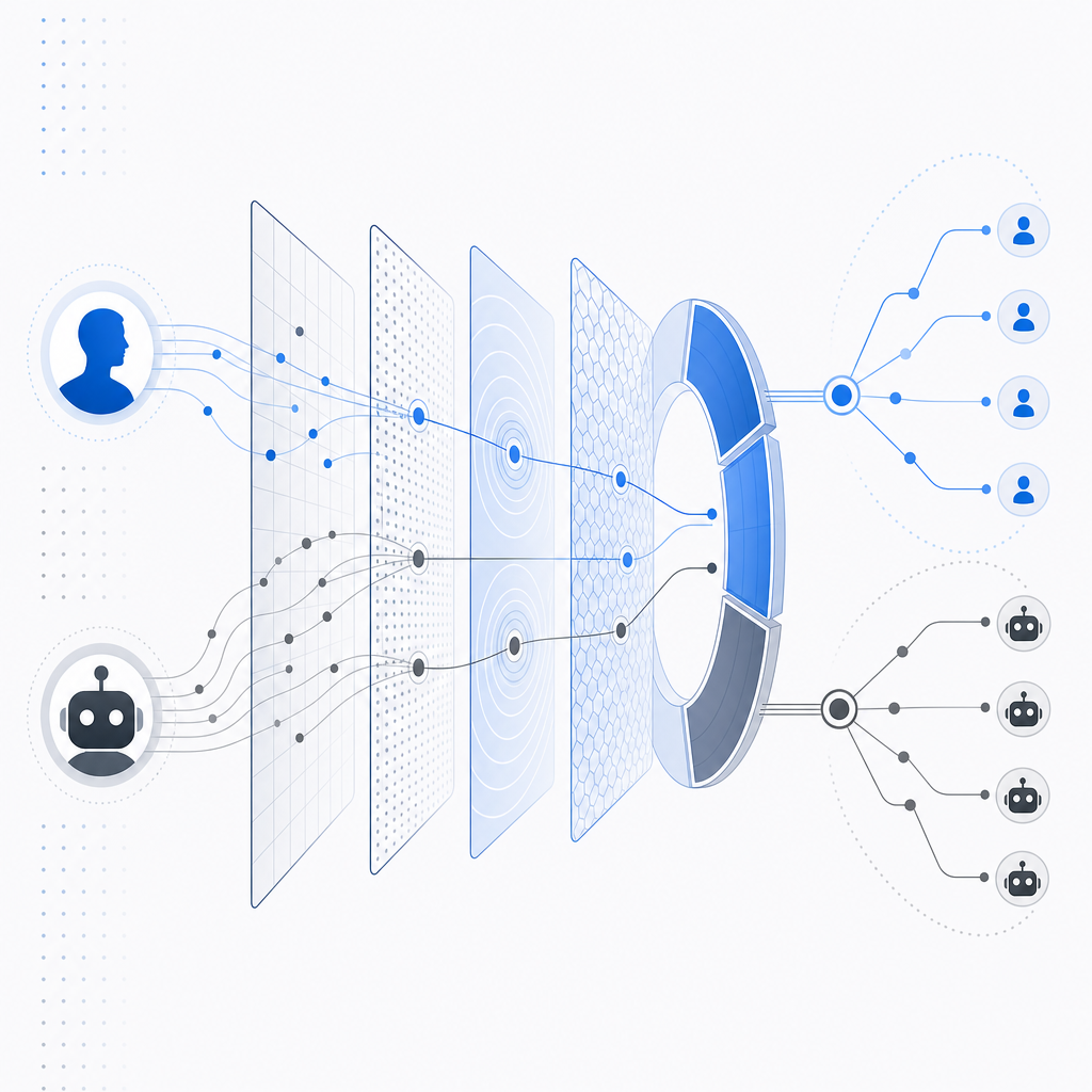 abstract diagram showing human vs bot detection layers