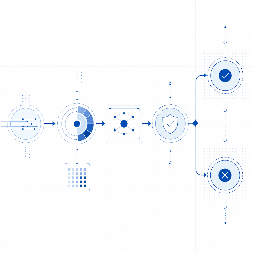 abstract flow of request, risk scoring, challenge, validation, and allow/deny de