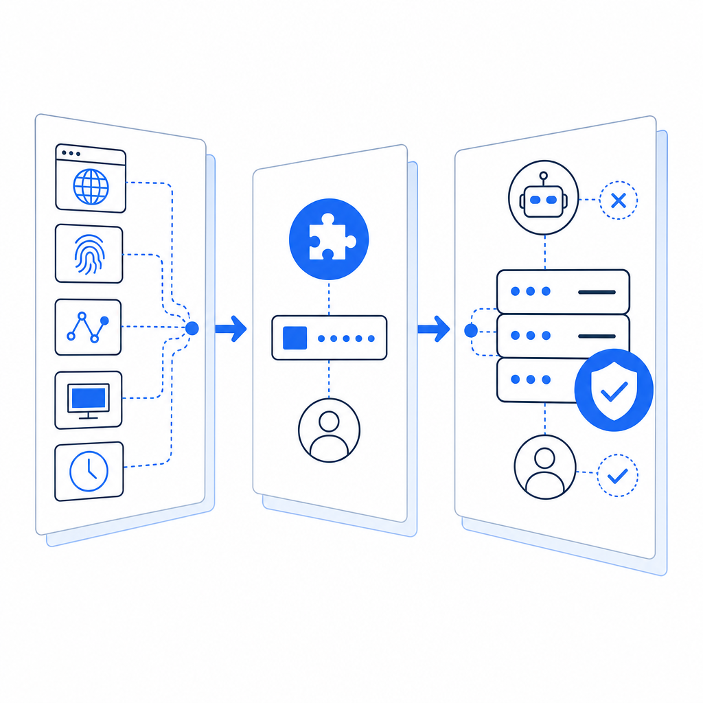 layered bot-defense flow with client signals, challenge, and server verification
