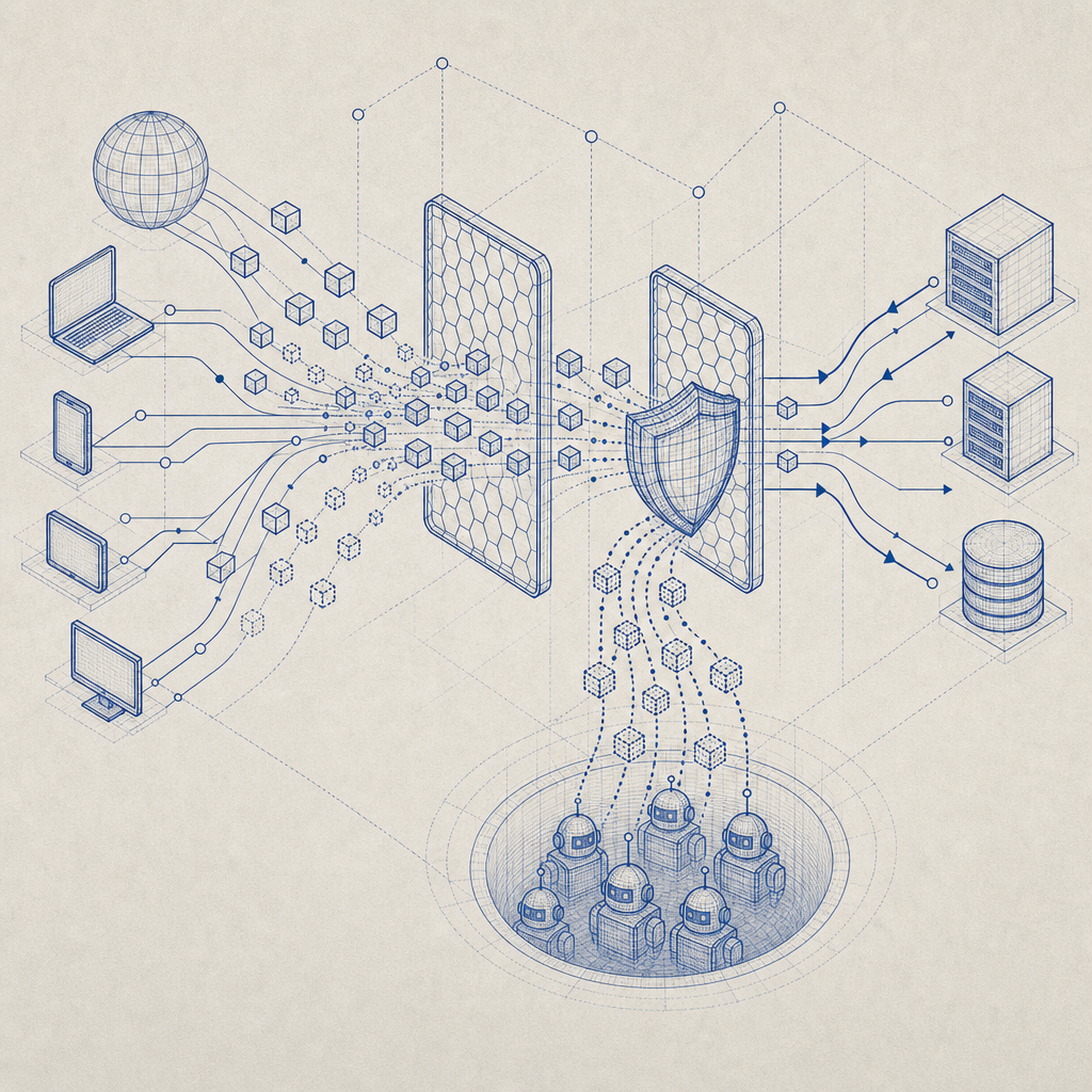 abstract network defense illustration showing bot traffic filtering