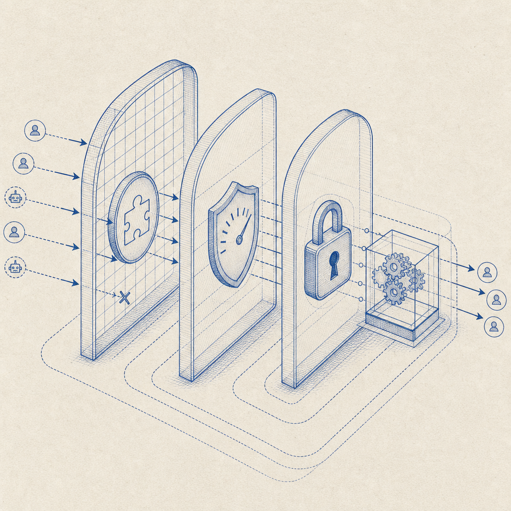 layered security model illustrating CAPTCHA, rate limiting, and token validation