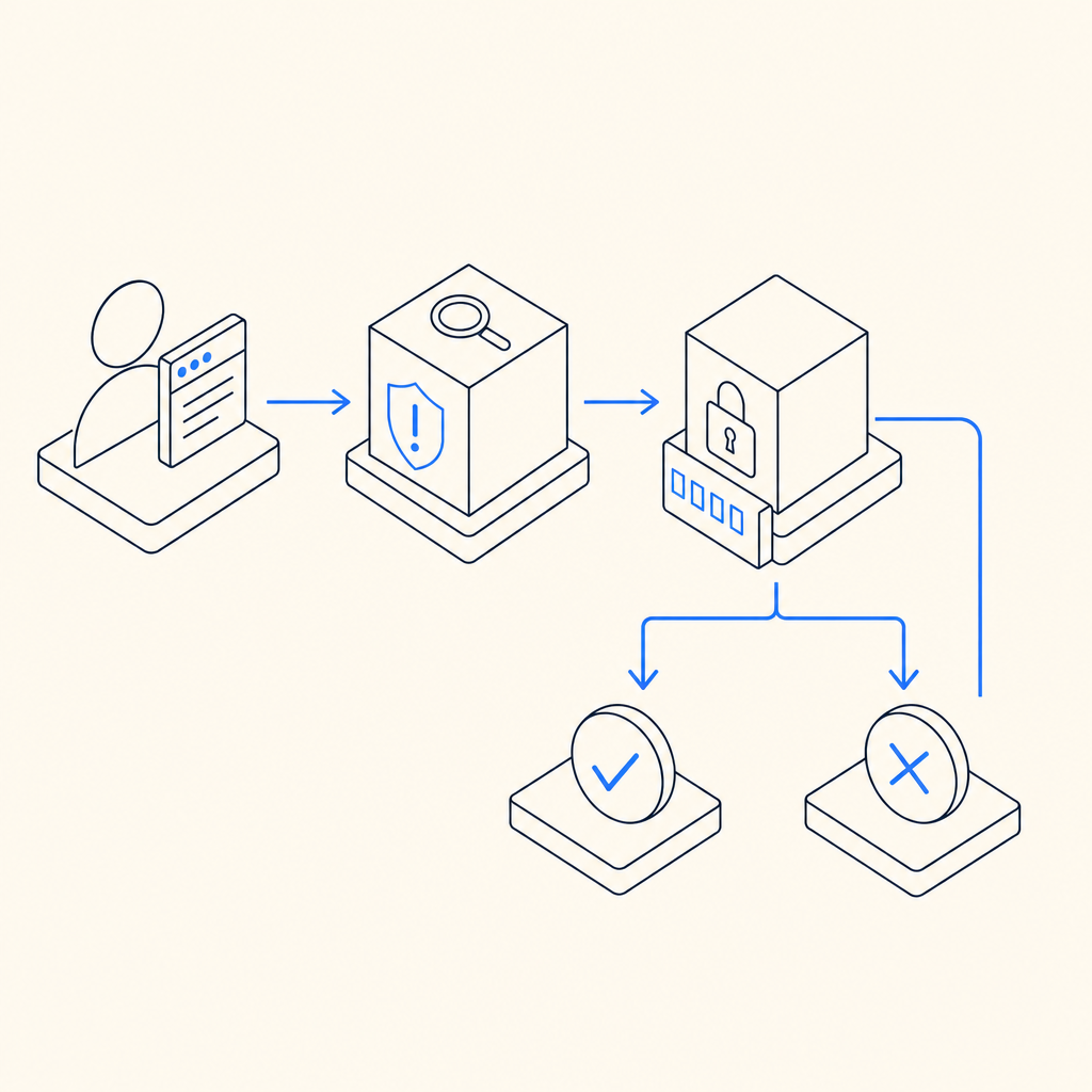 simple flow diagram showing request, risk check, challenge, pass/fail branching