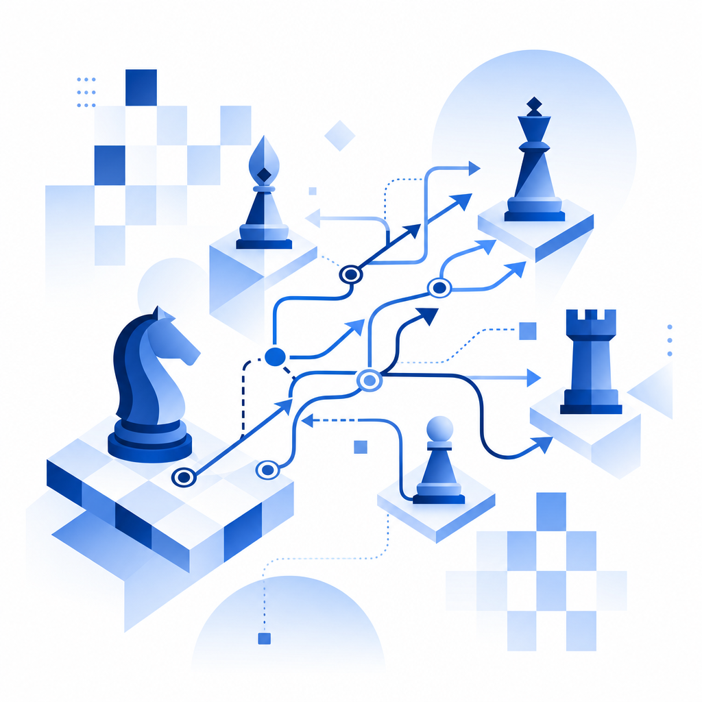abstract diagram showing a multi-move chess puzzle indicating bot challenge comp