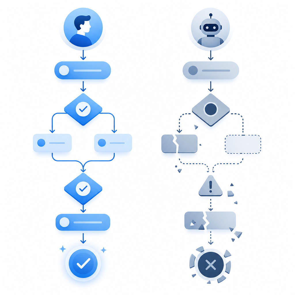 side-by-side flowchart of user challenge interaction vs bot failure