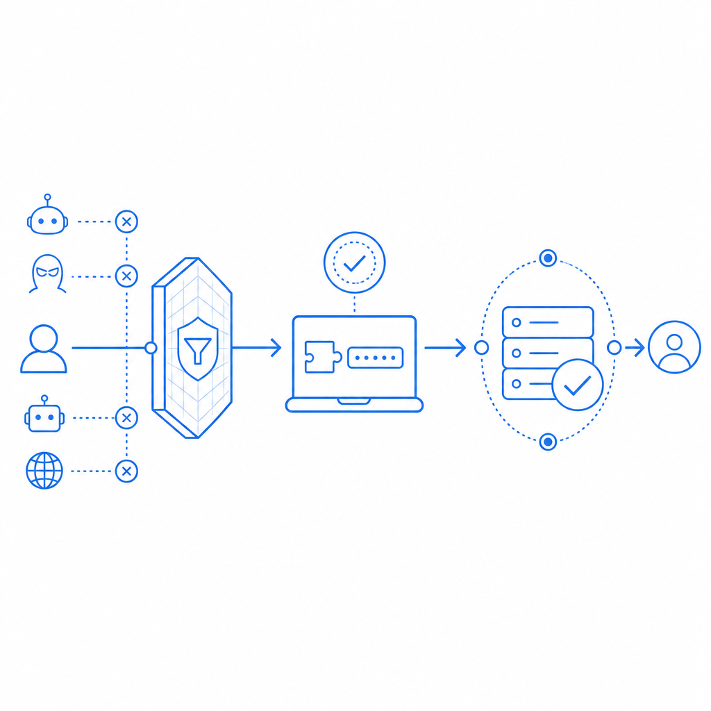 layered bot-defense flow showing edge filtering, client challenge, and server ve