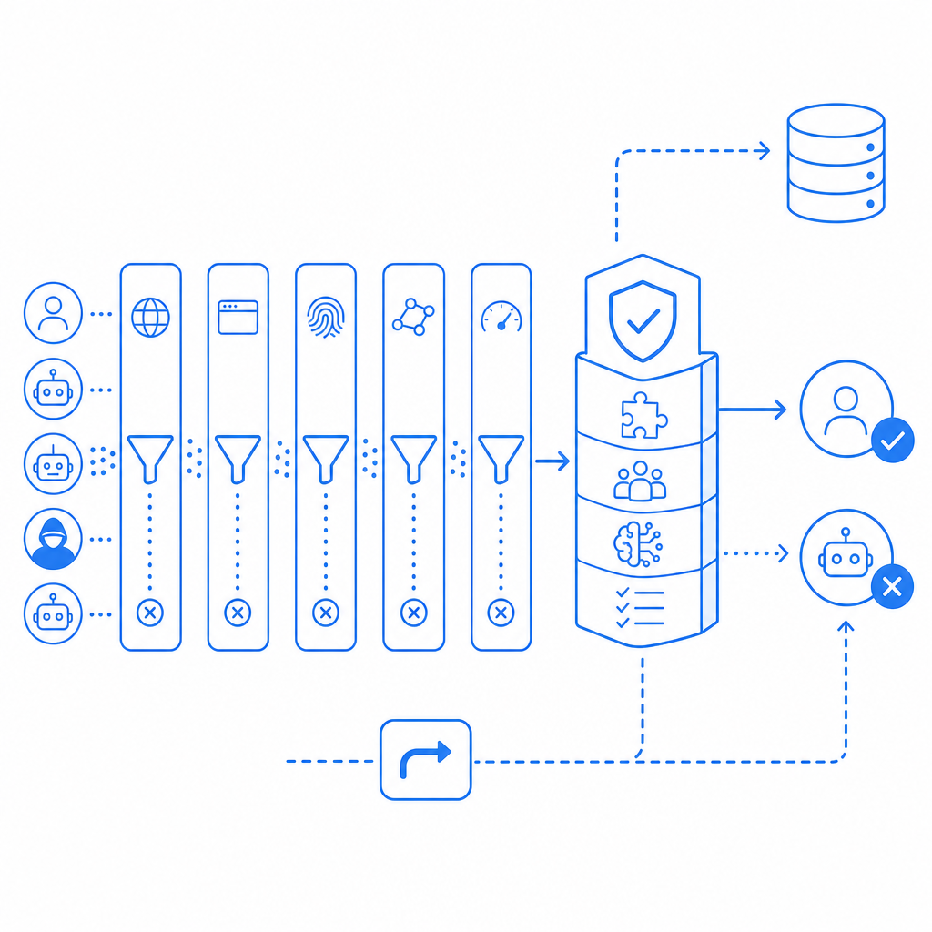 layered bot-defense pipeline with an update arrow to a database and a fallback p