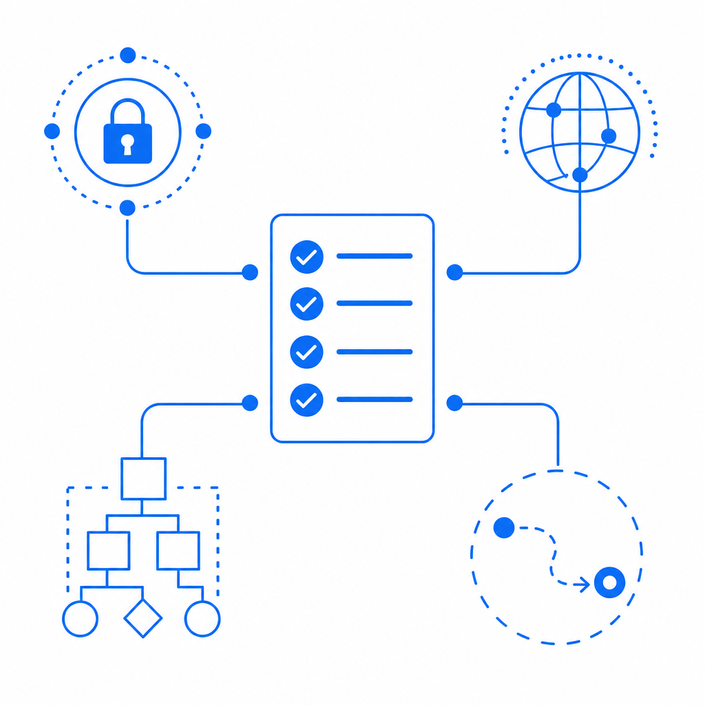 abstract checklist branching into auth, network, schema, and fallback paths