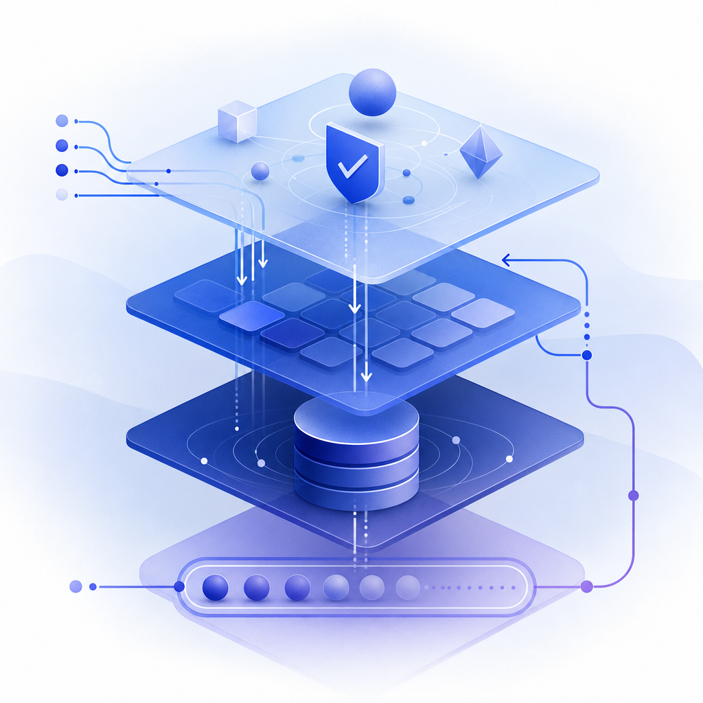 abstract layered diagram of validation, cache, database, and retry queue with em