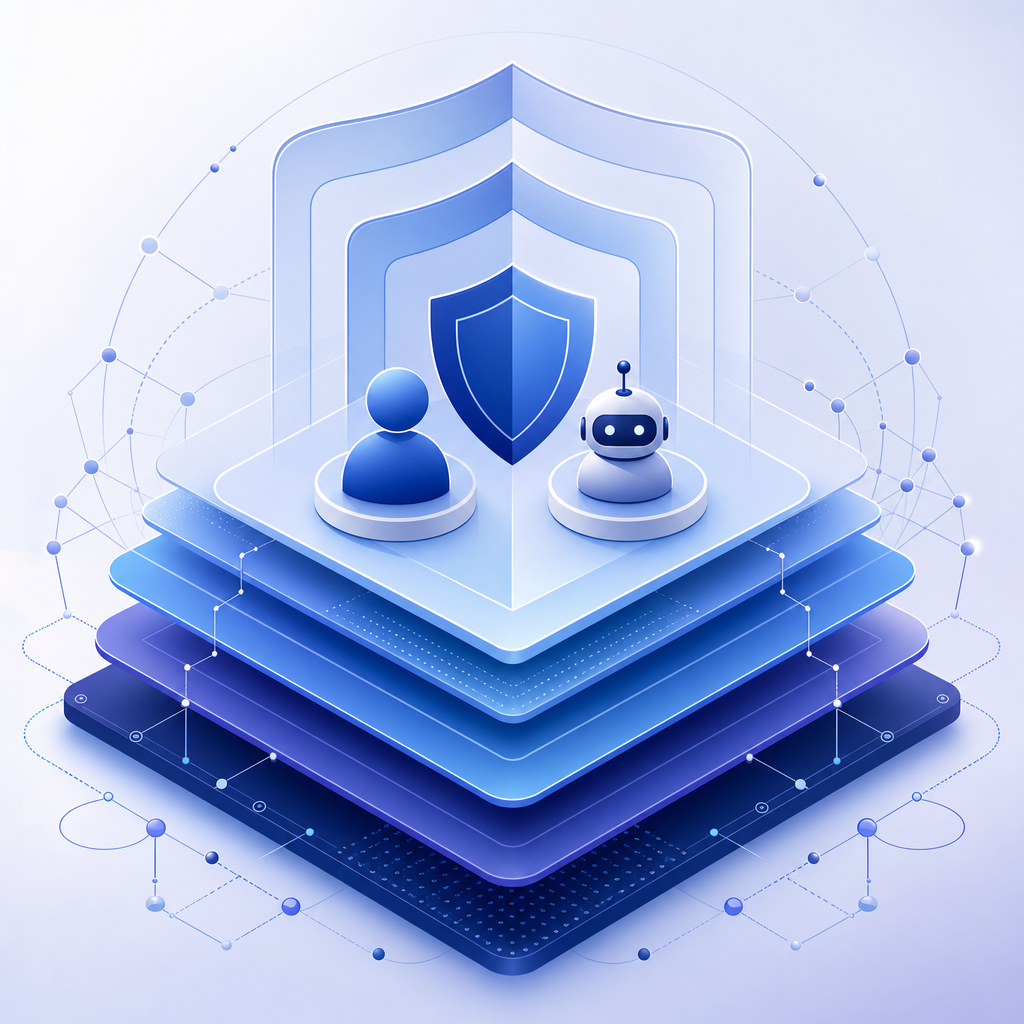 layered security approach diagram with user and bot icons