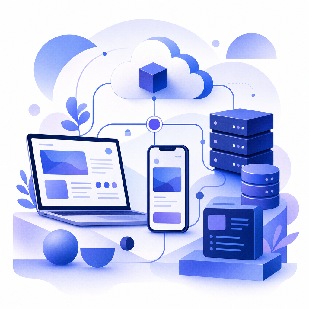 multi-platform integration graphic showing web, mobile, and backend components