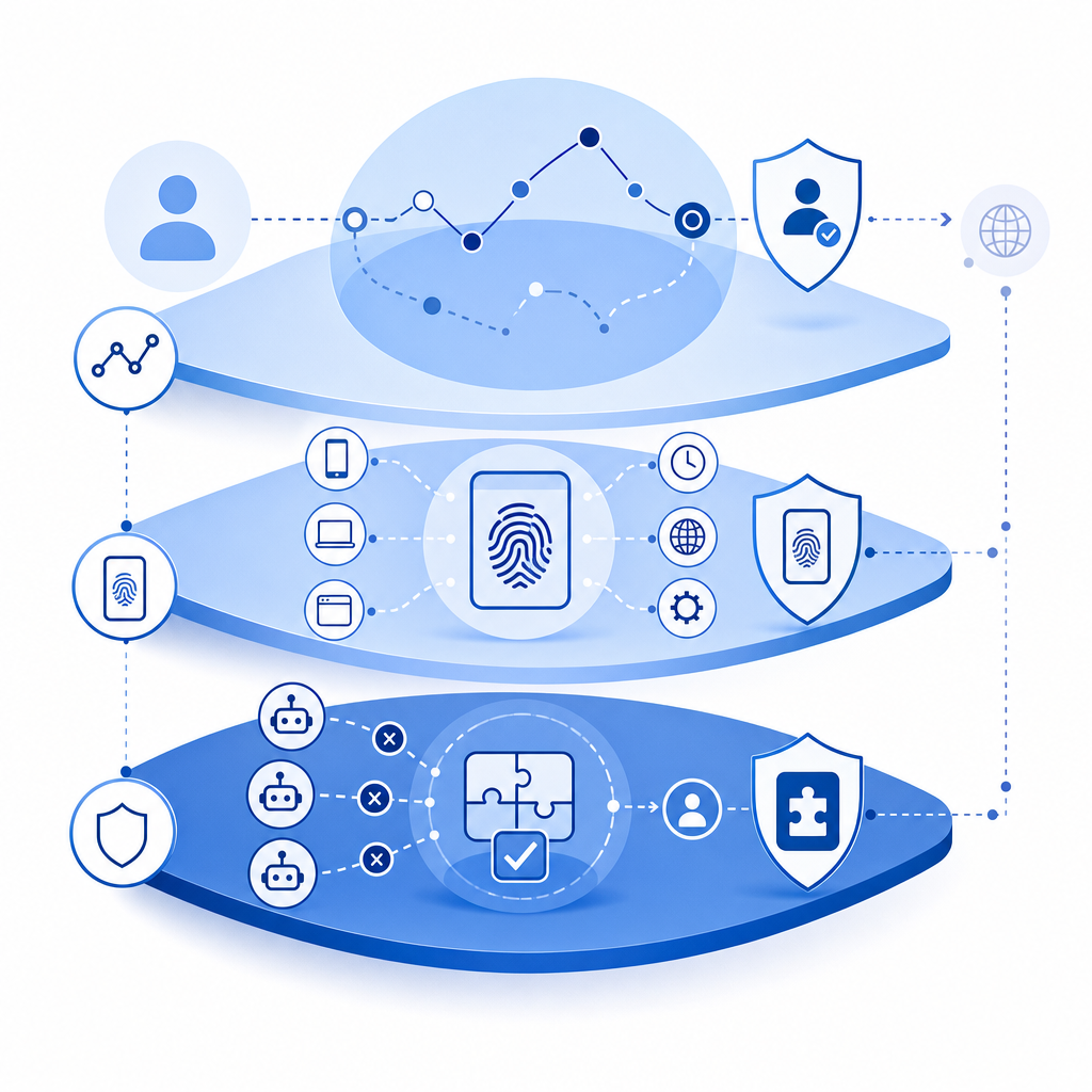 diagram illustrating layers of anti bot detection techniques like behavior, fing