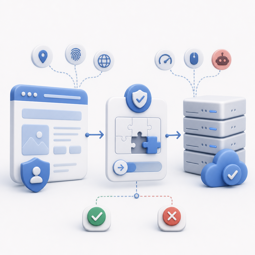 layered anti-bot flow showing browser, challenge, server validation, and risk si