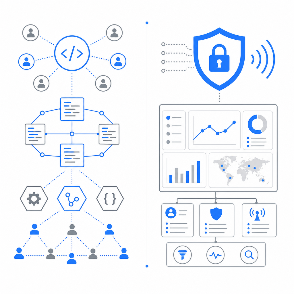 Diagram showing two columns comparing open-source and commercial bot detection