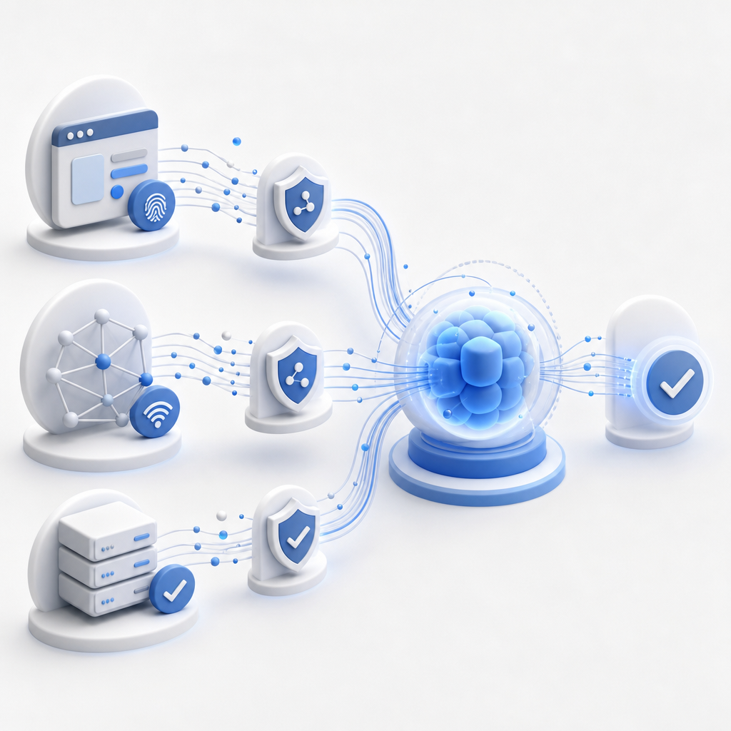 layered defense diagram with browser signals, network signals, and server verifi