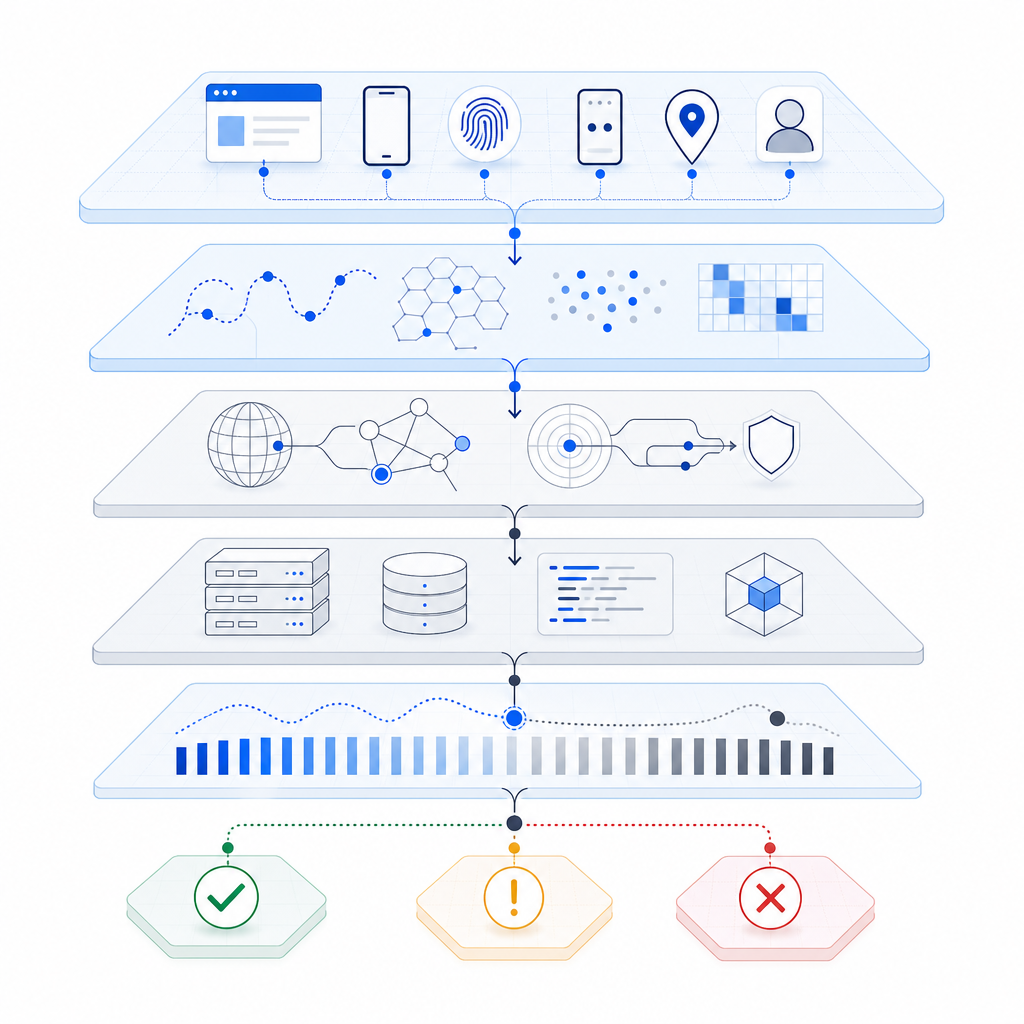 diagram showing layers of bot detection from client signals to server validation