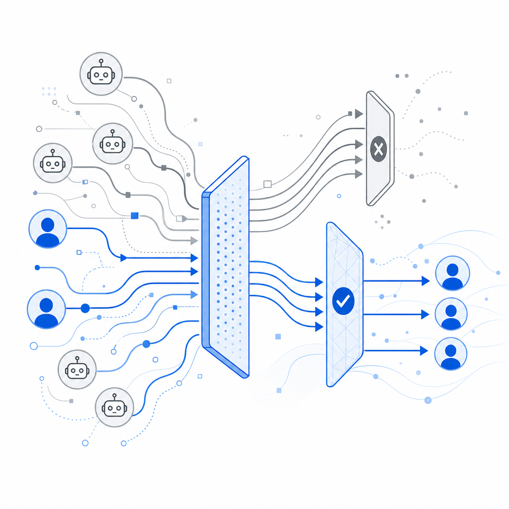 abstract flowchart of user request path with bots filtered and humans passing th