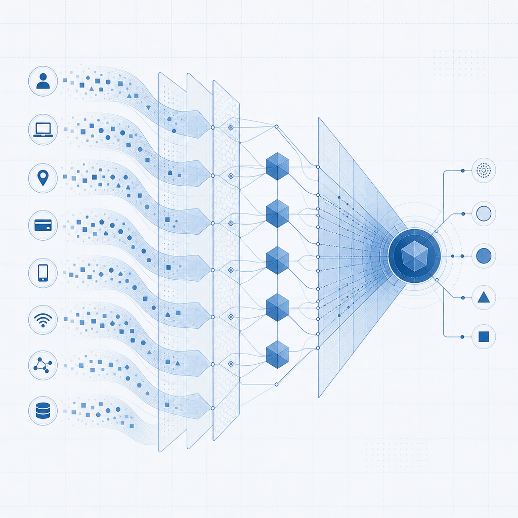 layered risk signals funneling into a decision node, abstract security diagram