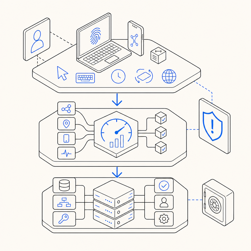 layered defense diagram showing client signals, risk scoring, and server validat