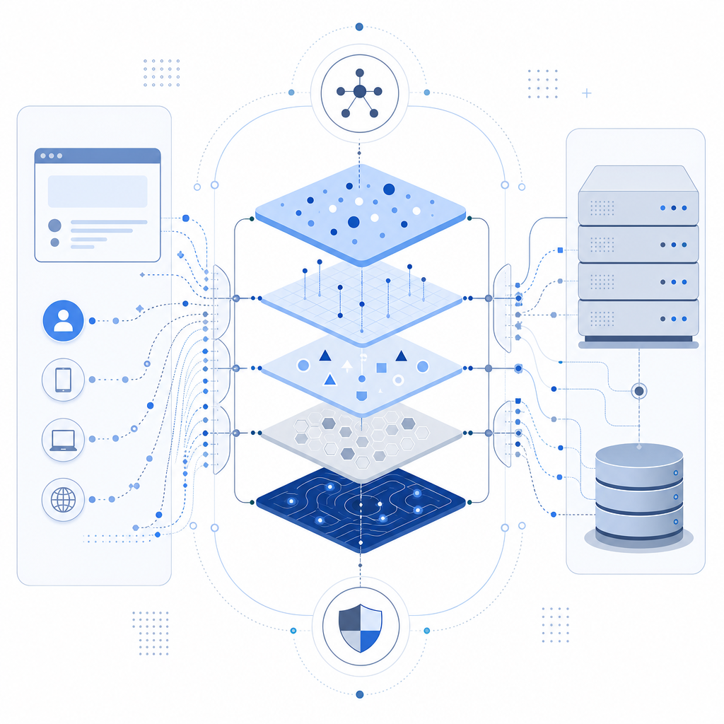 abstract diagram showing bot detection layers with client and server integration