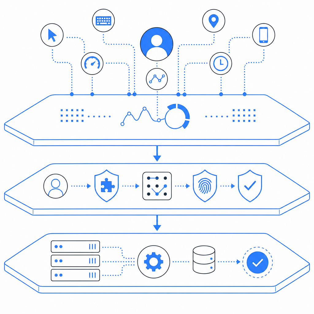 layered security diagram showing behavioral analysis, challenges, and server val