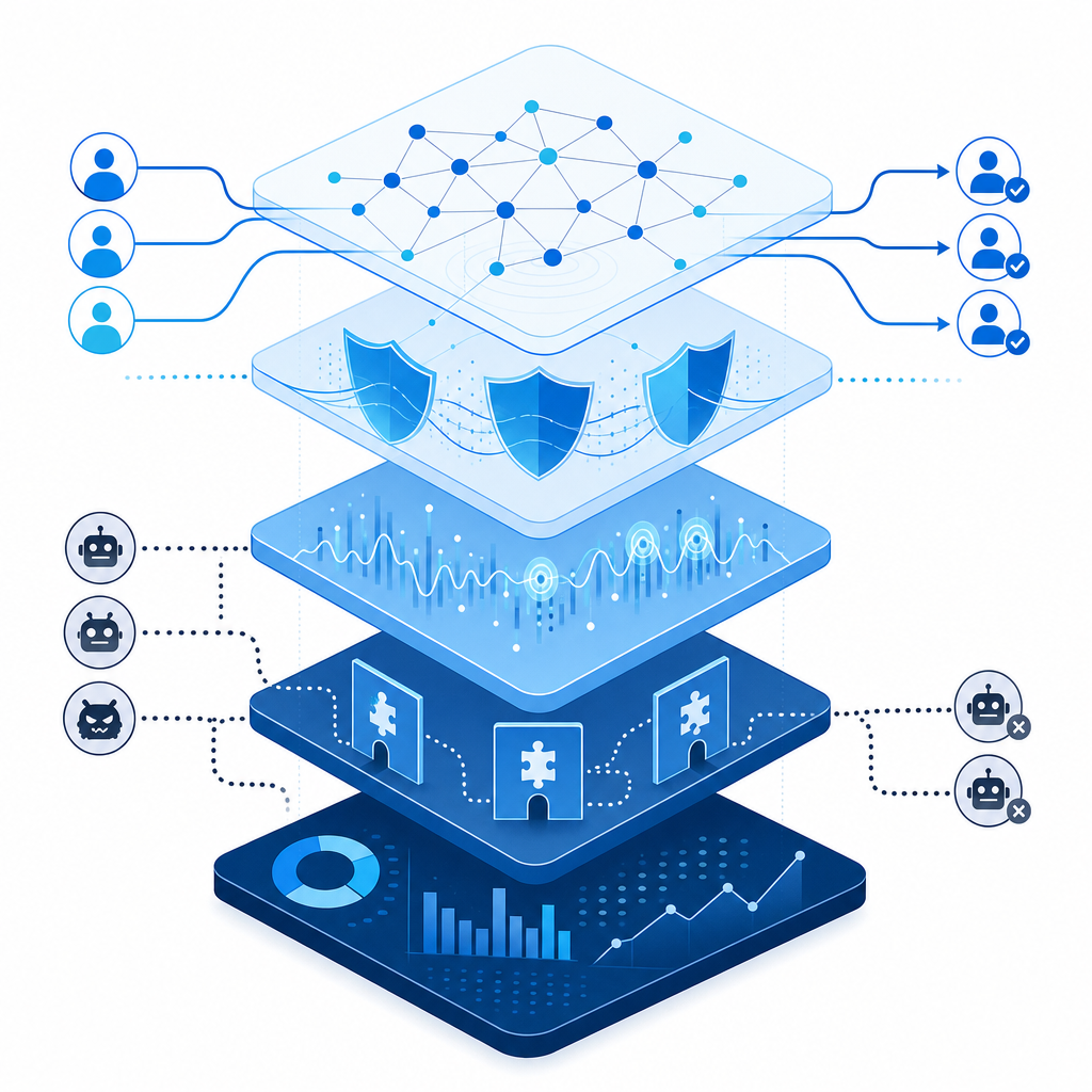 diagram representing layered bot filter technology including behavioral analysis