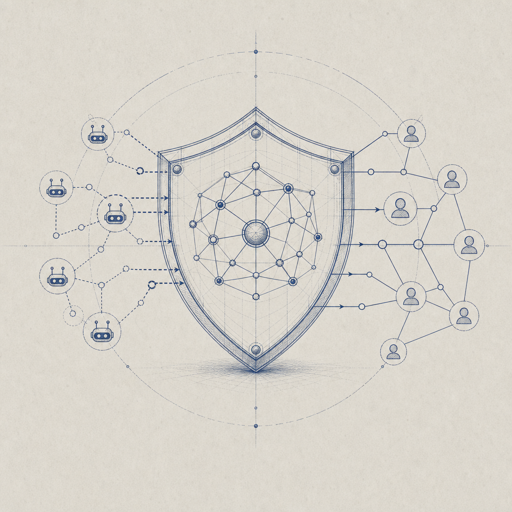 abstract security shield with network nodes representing bot filtering