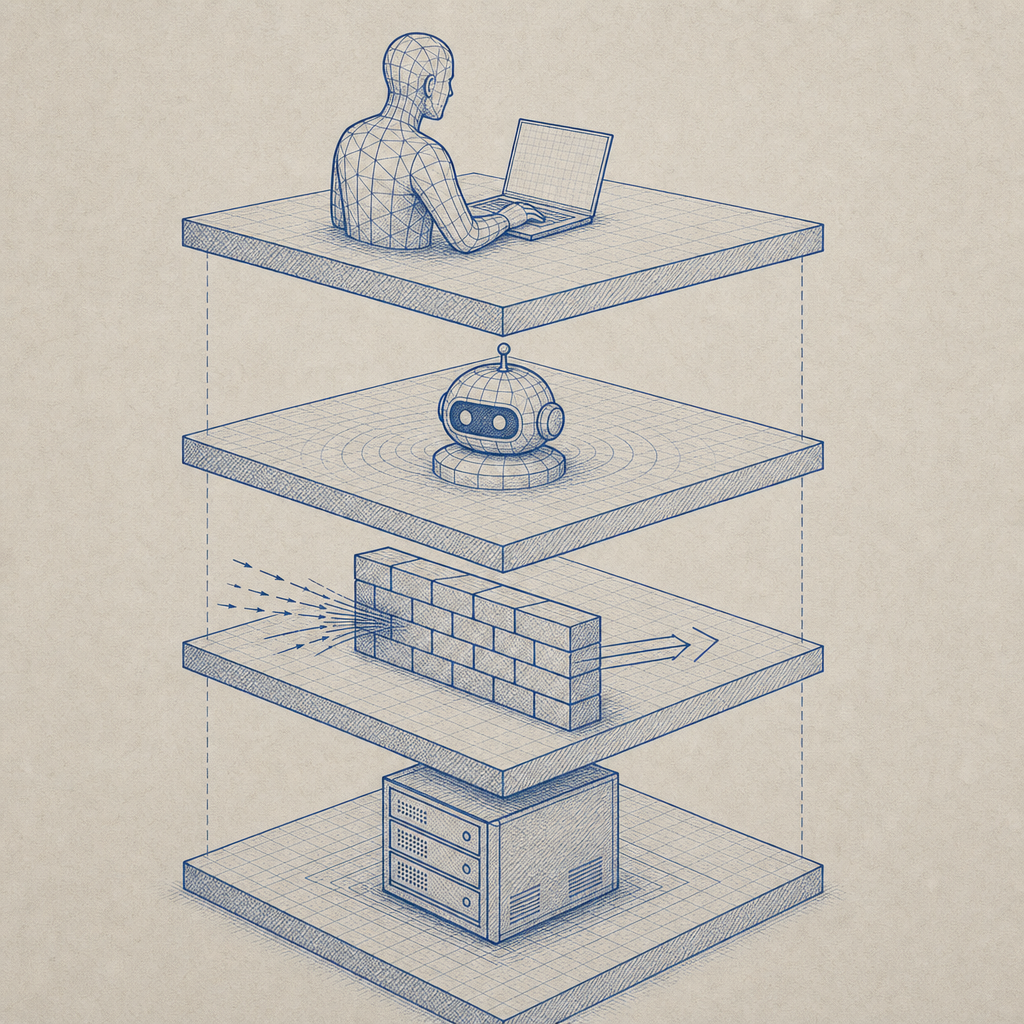 layered defense concept showing user, bot, firewall, and server