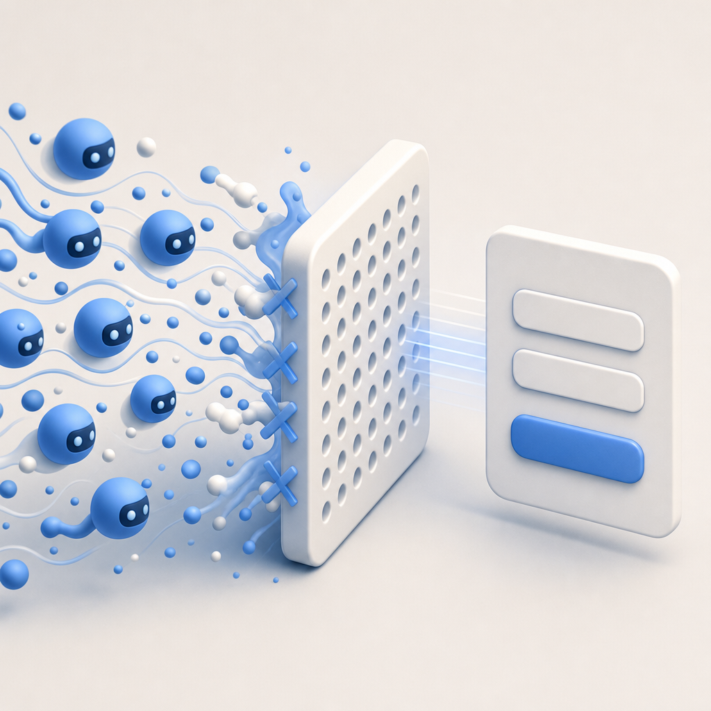 abstract diagram of bot traffic blocked before entering a spam-prone web form