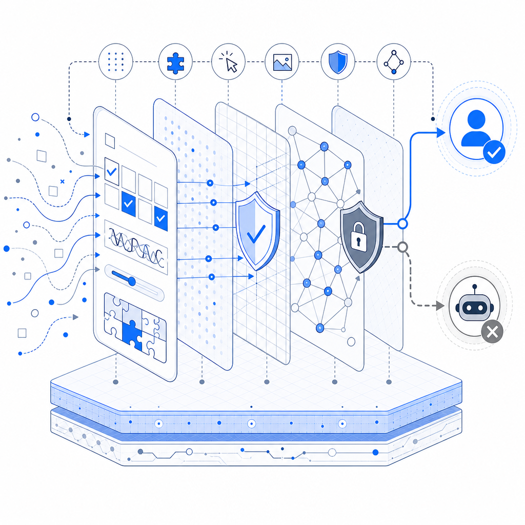 abstract diagram of CAPTCHA challenges and bot detection layers
