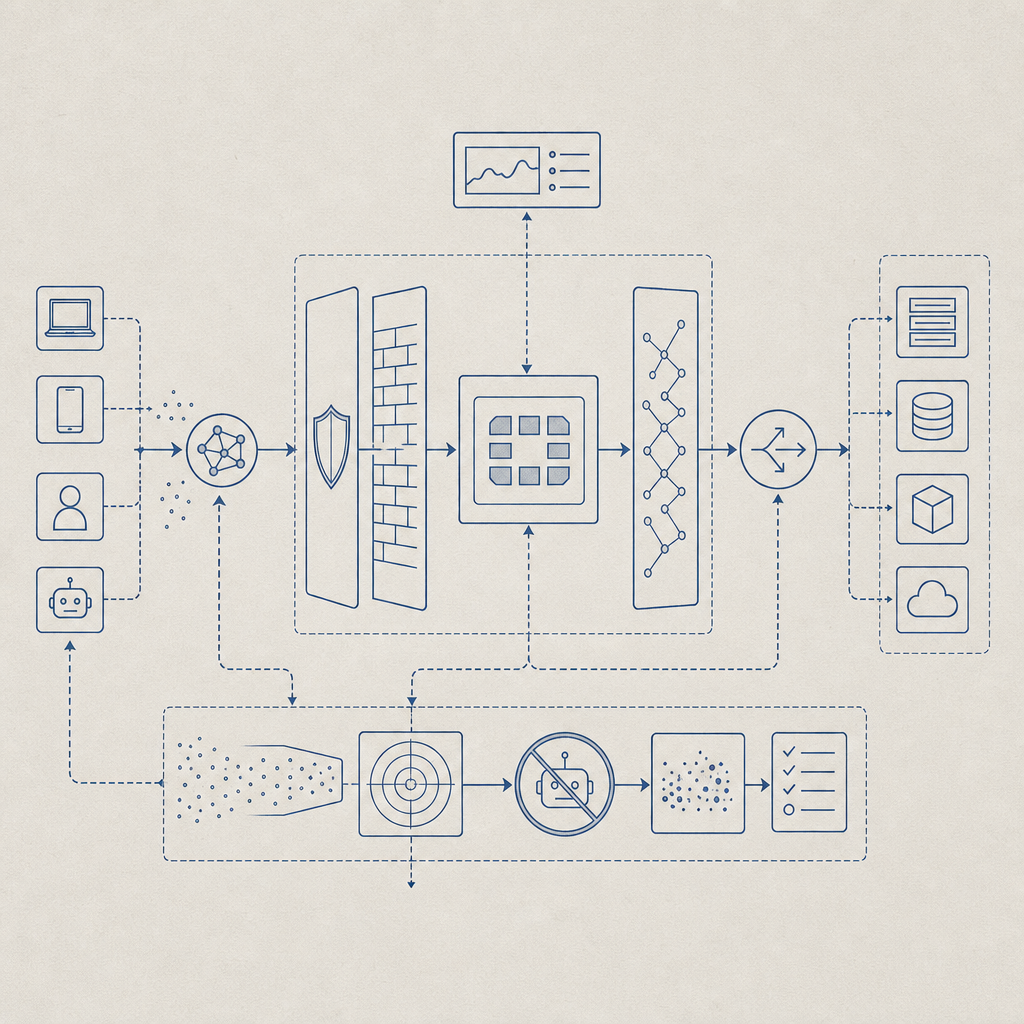 abstract diagram of Fortinet integration flow with anti bot service