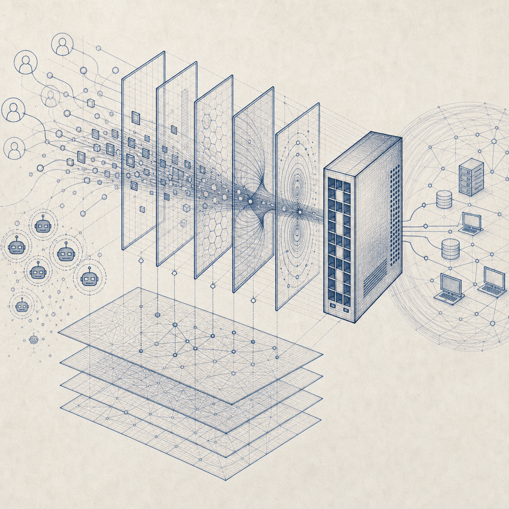 conceptual illustration of bot detection technology layers blending with Fortine