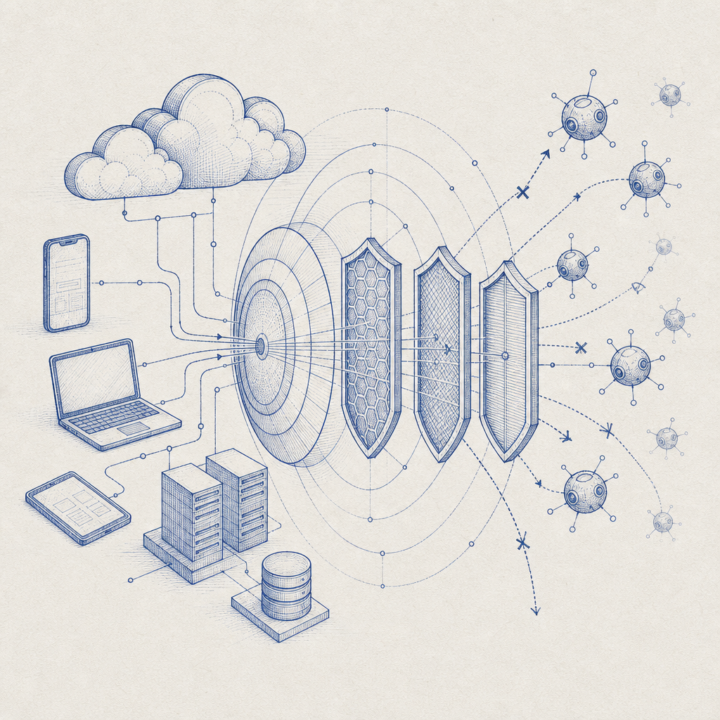 abstract diagram showing cloud and device connectivity with bot defense layers