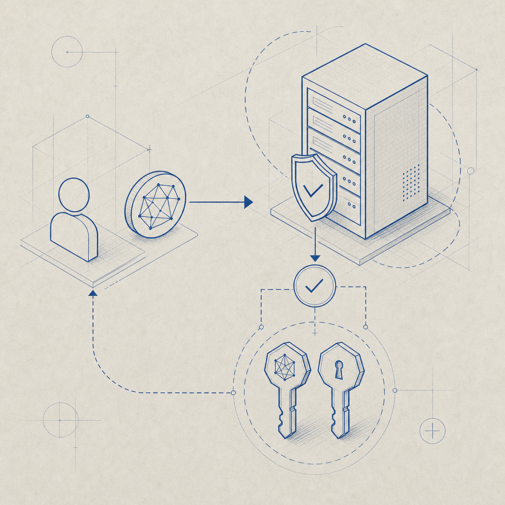 abstract schematic showing server validating token from client with secure keys