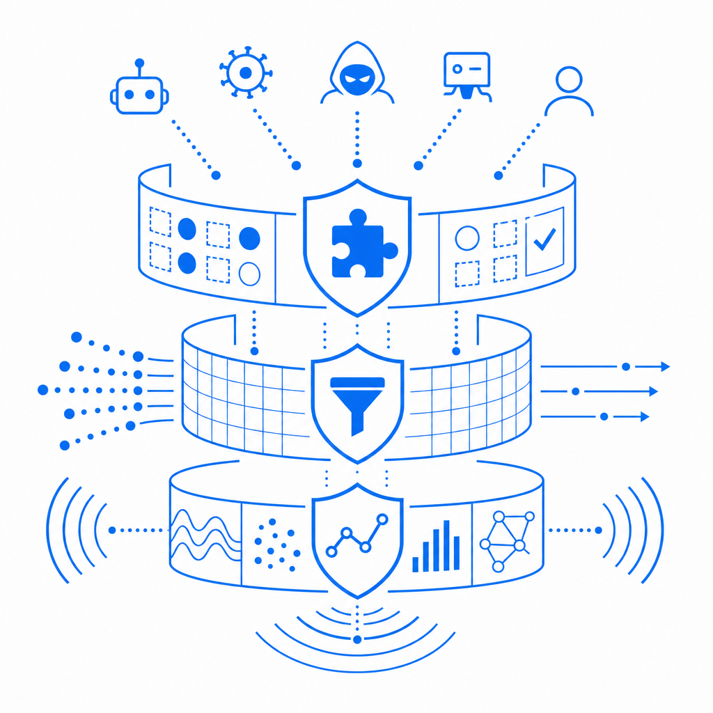 layered defense diagram showing CAPTCHA, rate limiting, and behavior analysis