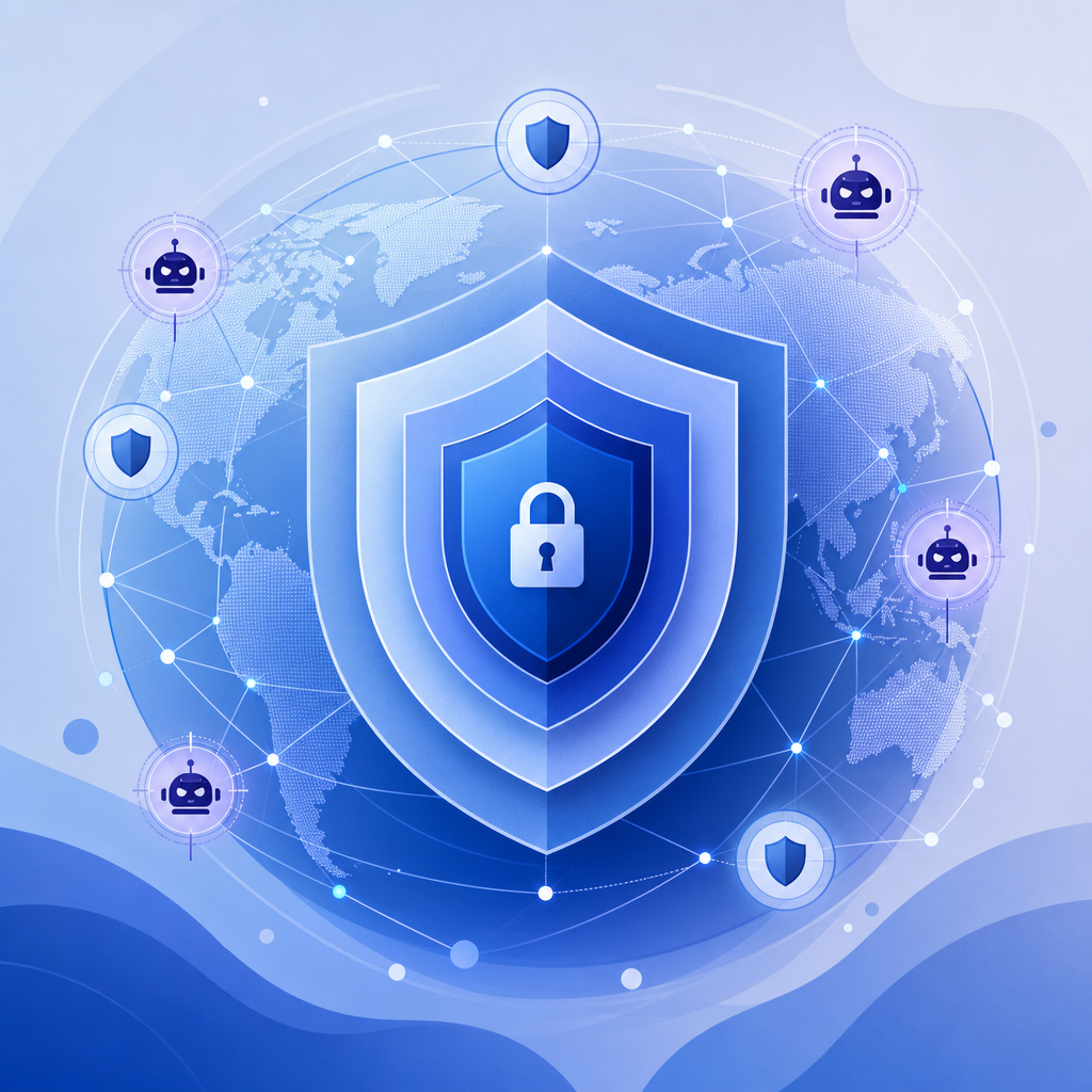 layered security approach with global map and bot detection icons
