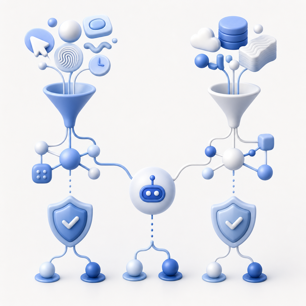 abstract diagram comparing client-side and server-side bot detection