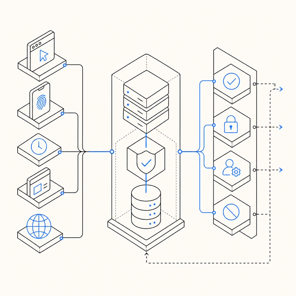 abstract comparison matrix of client-side signals, server verification, and poli