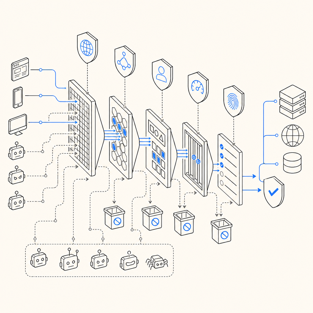 abstract diagram showing various bot defense methods filtering traffic