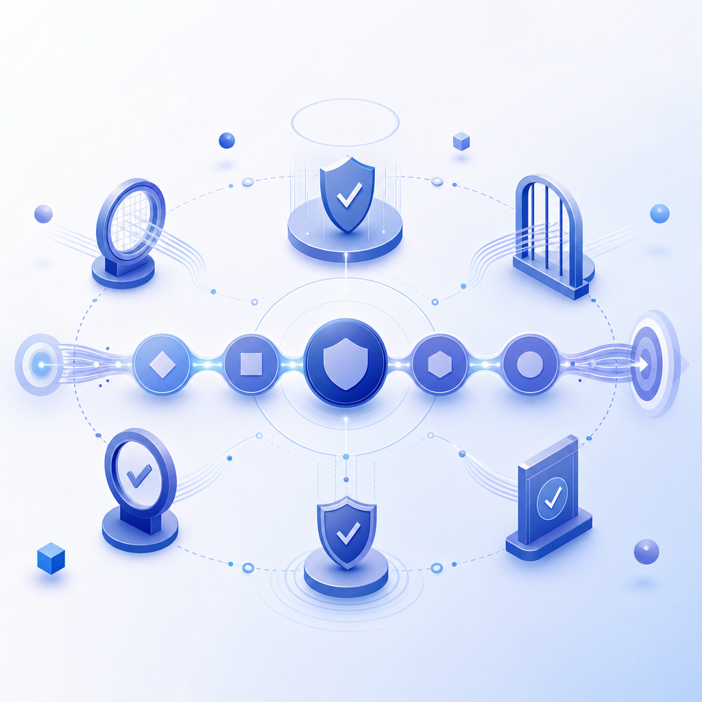 schematic of compliance checkpoints around a token validation pipeline