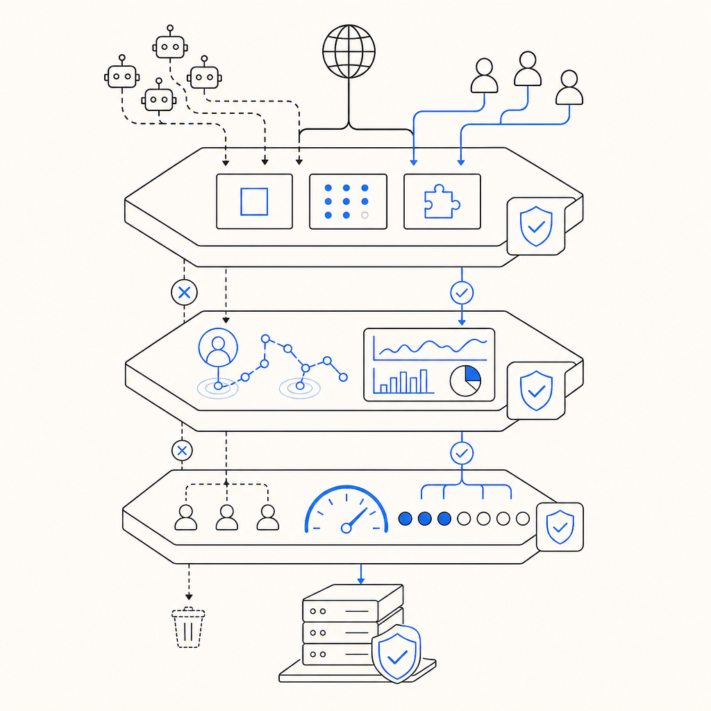 diagram showing layered bot defense components - captcha, behavior analytics, ra